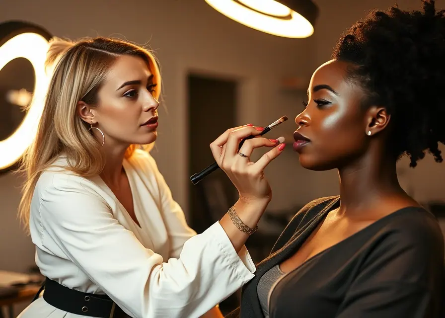 A makeup artist working on a seated client